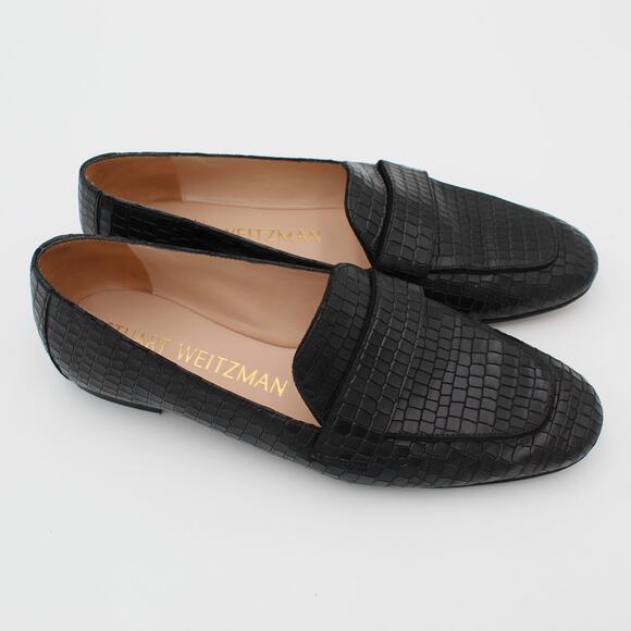 Stuart Weitzman Loafer Women 8.5 Black Croc Embossed Leather Slip On Flat Preppy - Picture 3 of 8